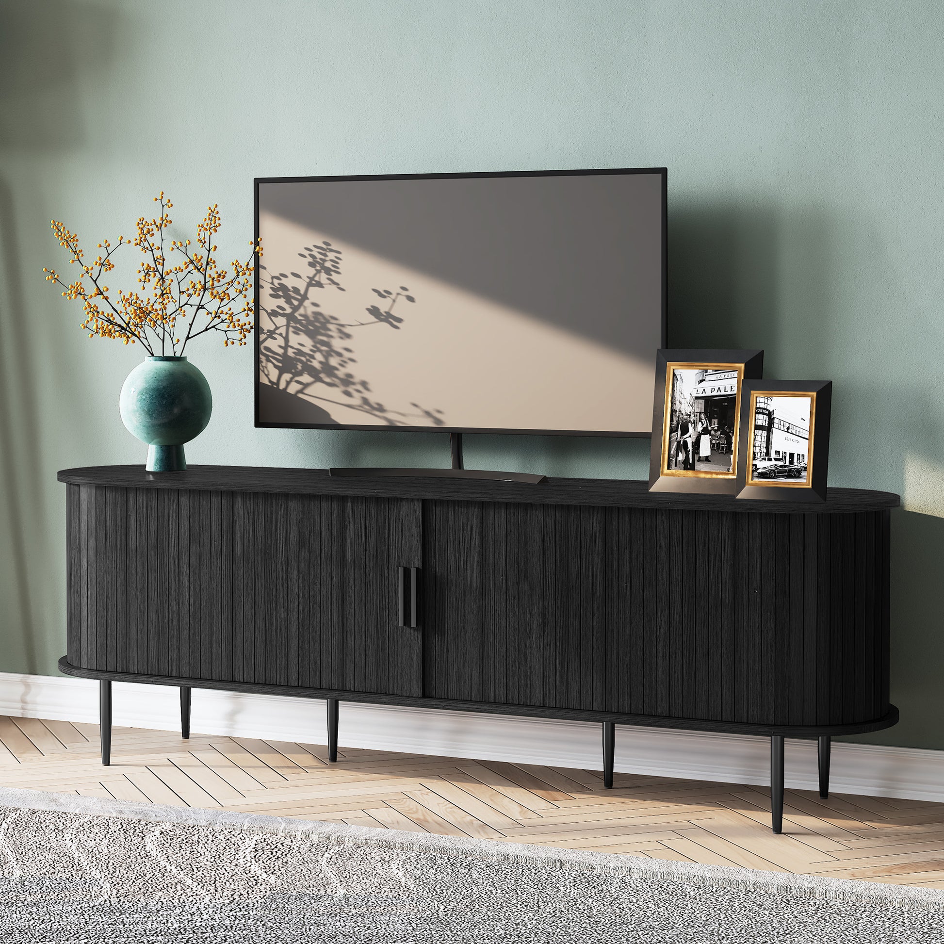 CBJCBJ 70" Modern Tambour Door TV Stand up to 80" TVs, Entertainment Center with Storage, Fluted Television Consoles for Living Room（Black）