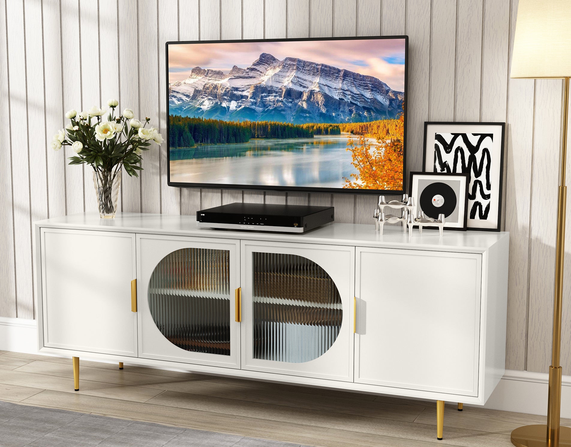 CBJCBJ 66" TV up to 75" Stand for Living Room, Entertainment Center with Glass Storage Cabinet,White