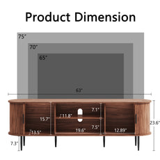 HLR 63" Brown TV Stand for 75" TV, Wood Entertainment Center with 2 Sliding Tambour Doors Storage, Mid-Century