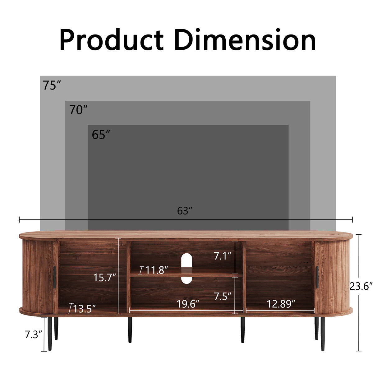 HLR 63" Brown TV Stand for 75" TV, Wood Entertainment Center with 2 Sliding Tambour Doors Storage, Mid-Century