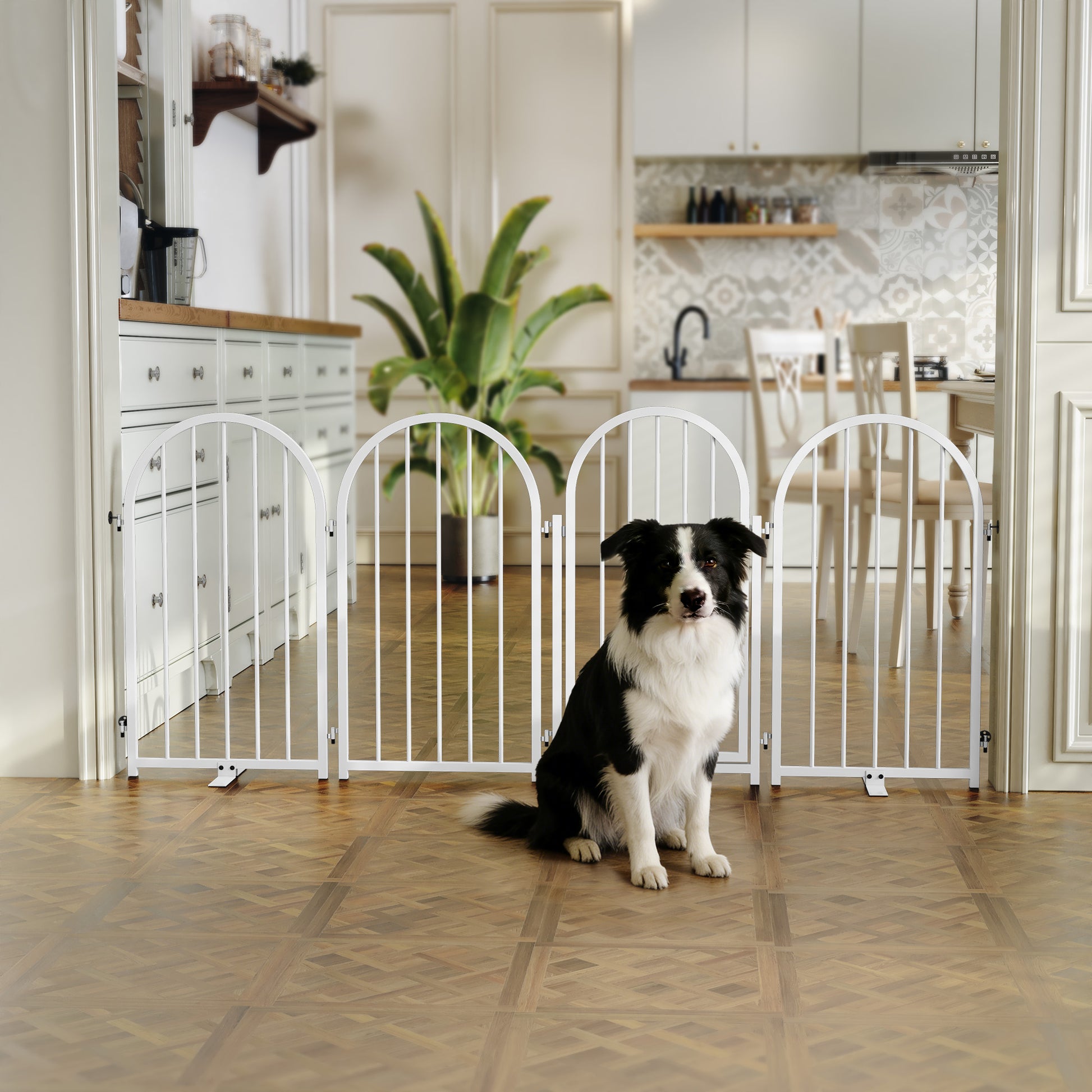 CBJCBJ Indoor Pet Gate, 4 Panel Folding Dog Gate , 32"H Freestanding Metal Pet Fence for Cats and Dogs ,White