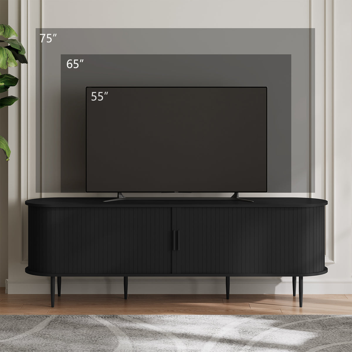 HLR 63" Black TV Stand for 75" TV, Wood Entertainment Center with 2 Sliding Tambour Doors Storage, Mid-Century