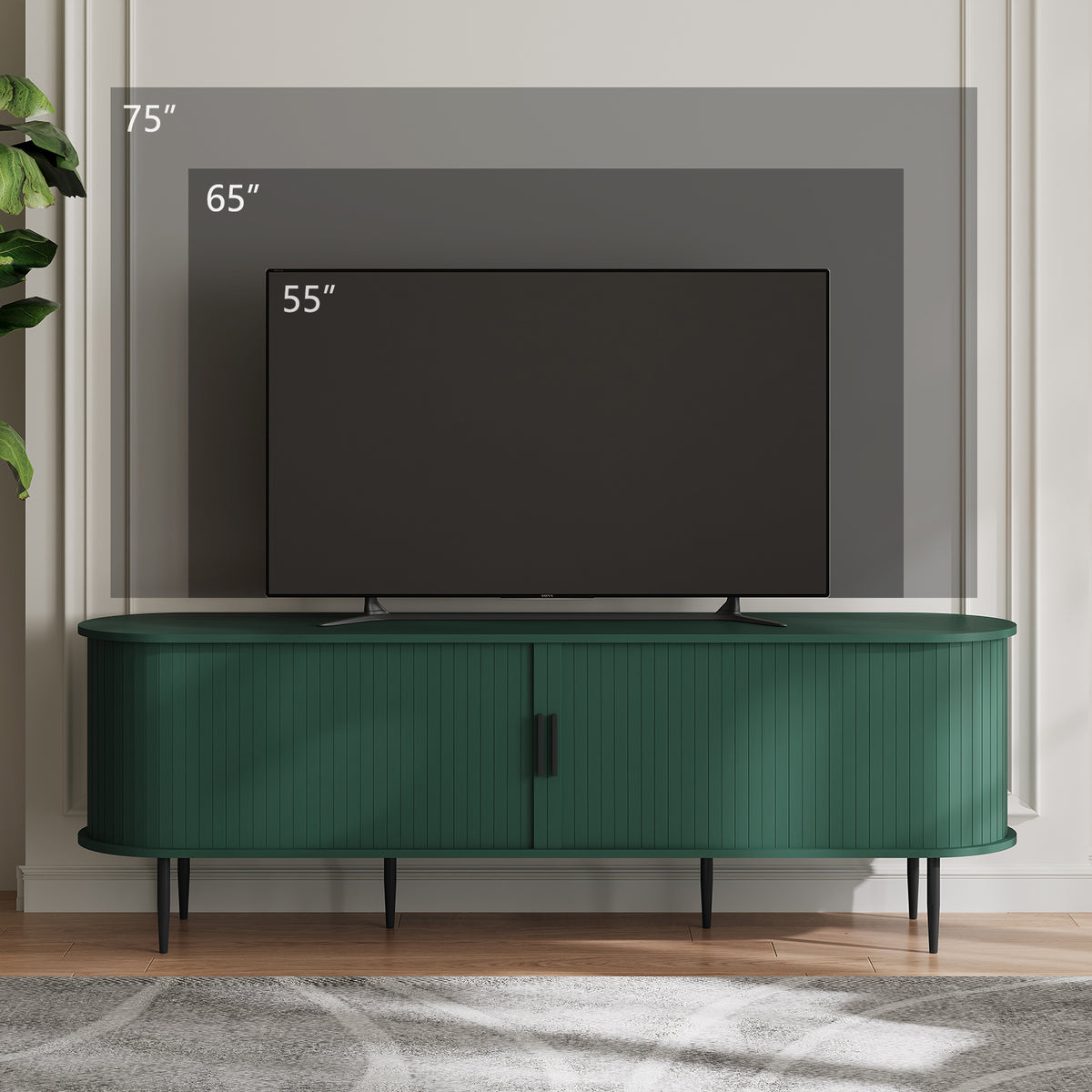 HLR 63" Green TV Stand for 75" TV, Wood Entertainment Center with 2 Sliding Tambour Doors Storage, Mid-Century