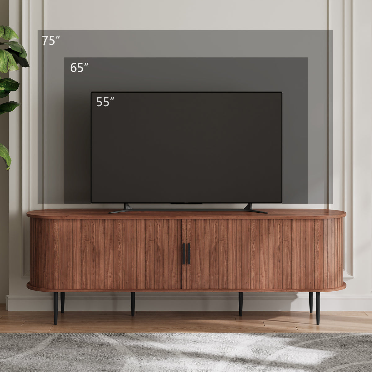 HLR 63" Brown TV Stand for 75" TV, Wood Entertainment Center with 2 Sliding Tambour Doors Storage, Mid-Century