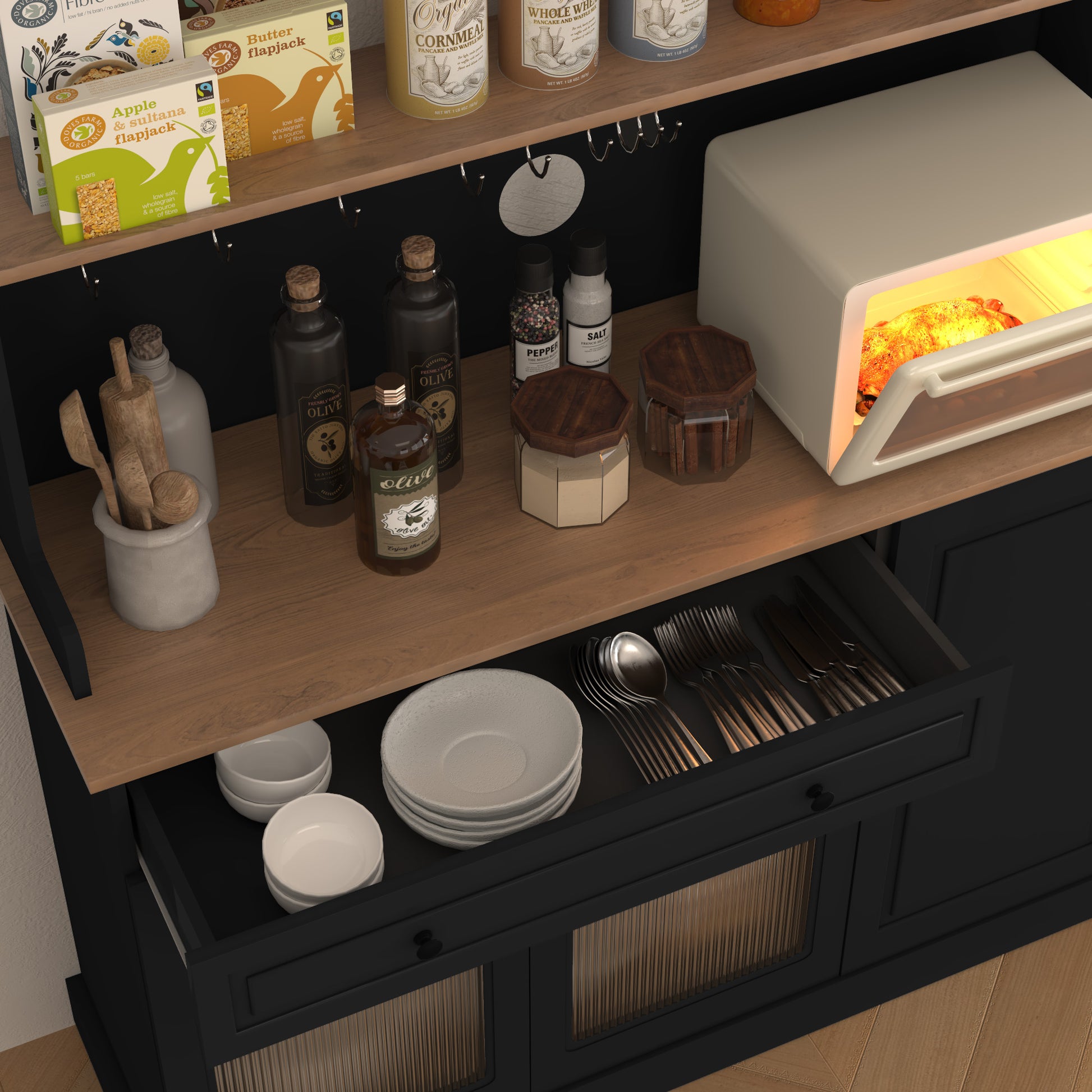 CBJCBJ 48“ Modern Wood Kitchen Pantry Cabinet with Coffee Bar, Drawer & Microwave Stand,Black