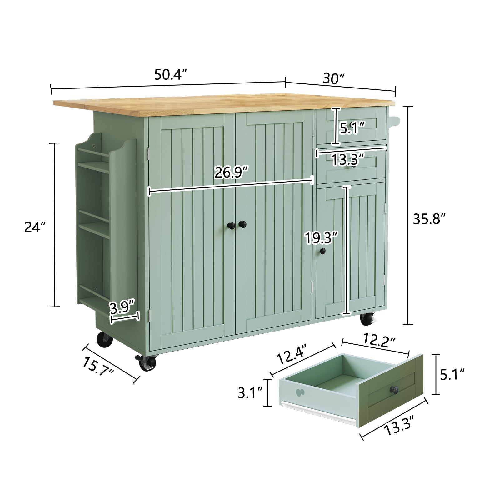HLR 50.39" Kitchen Island with Storage, Wood Top Cart with Drop Leaf and Wheels, Green