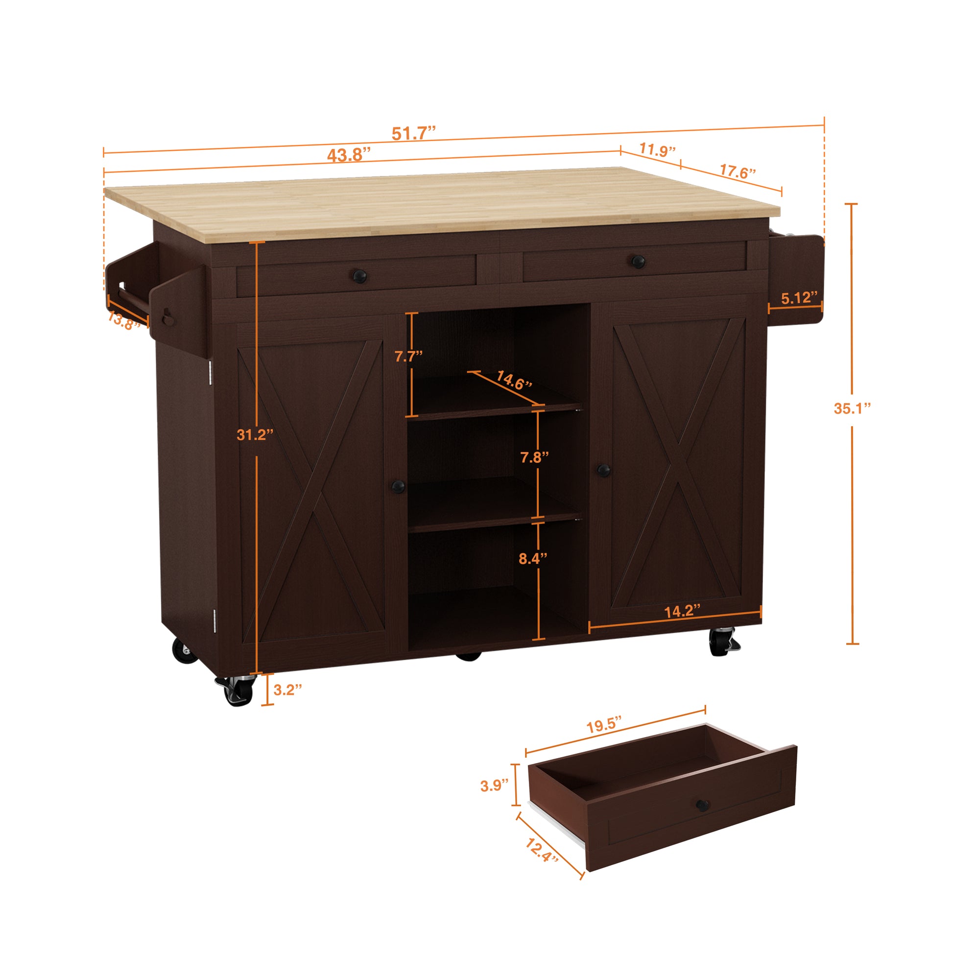 CBJCBJ 51.7" Rolling Kitchen Island Foldable, Adjustable Shelf & 2 Storage Doors - Mobile Kitchen Cart, Breakfast Bar with Storage (Brown)