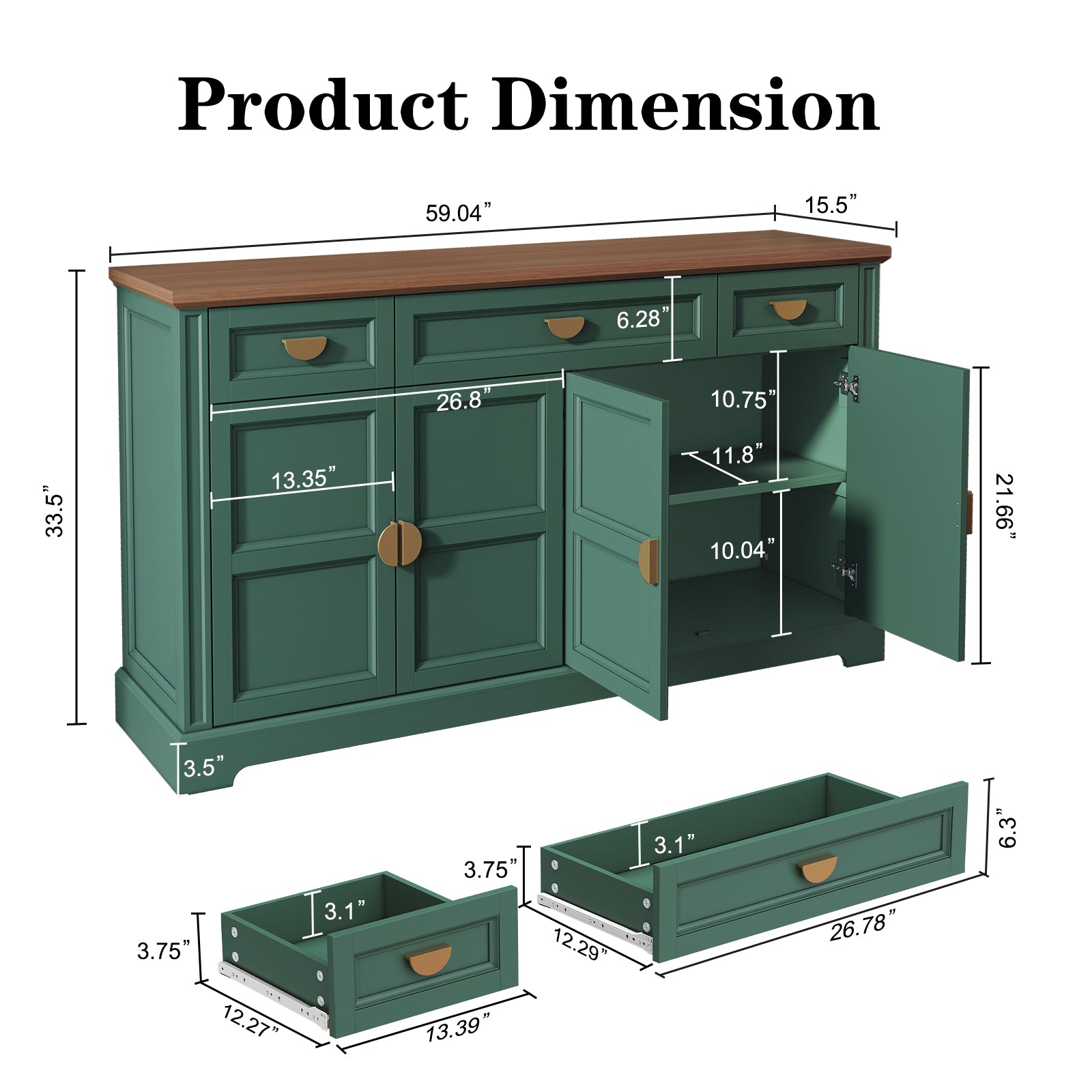 CBJCBJ Modern 60" Large Sideboard Storage Cabinet with Drawers, Farmhouse Wooden Coffee Bar, Green