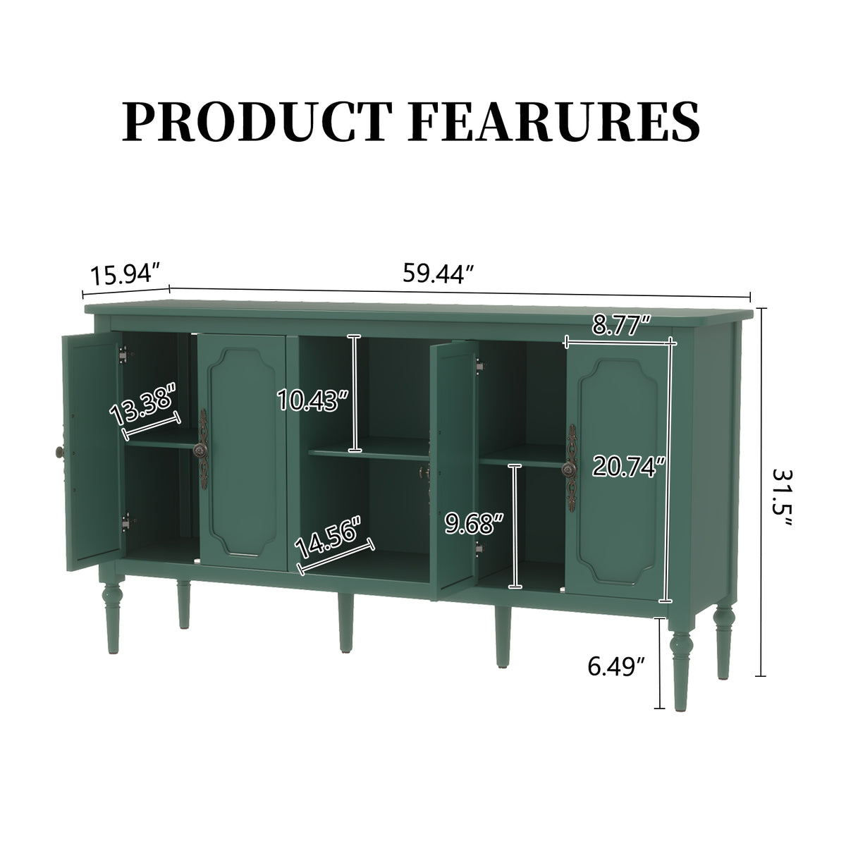 HLR 59" Mid Century Modern Storage Cabinet with Shelf, Vintage Large Sideboard Buffet Cabinet with 4 Doors, Green