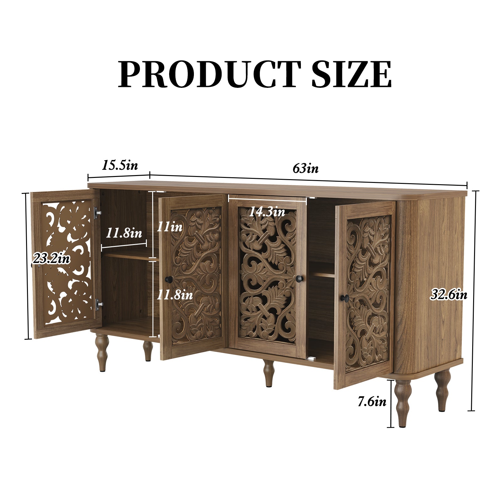 HLR 63" Mid Century Rounded Corners Sideboards Buffets Cabinet with 4 Doors Storage for Kitchen Dining, Brown
