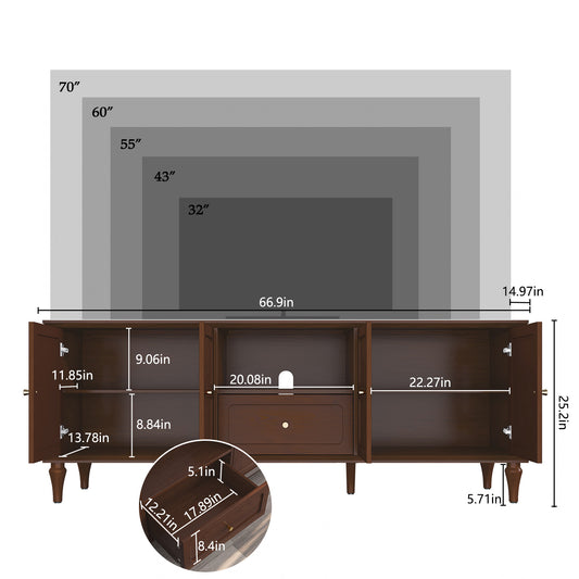 CBJCBJ 67"Mid-Century Modern TV Stand for TVs up to 75" ,Media Console With Storage and Adjustable Partition , Brown