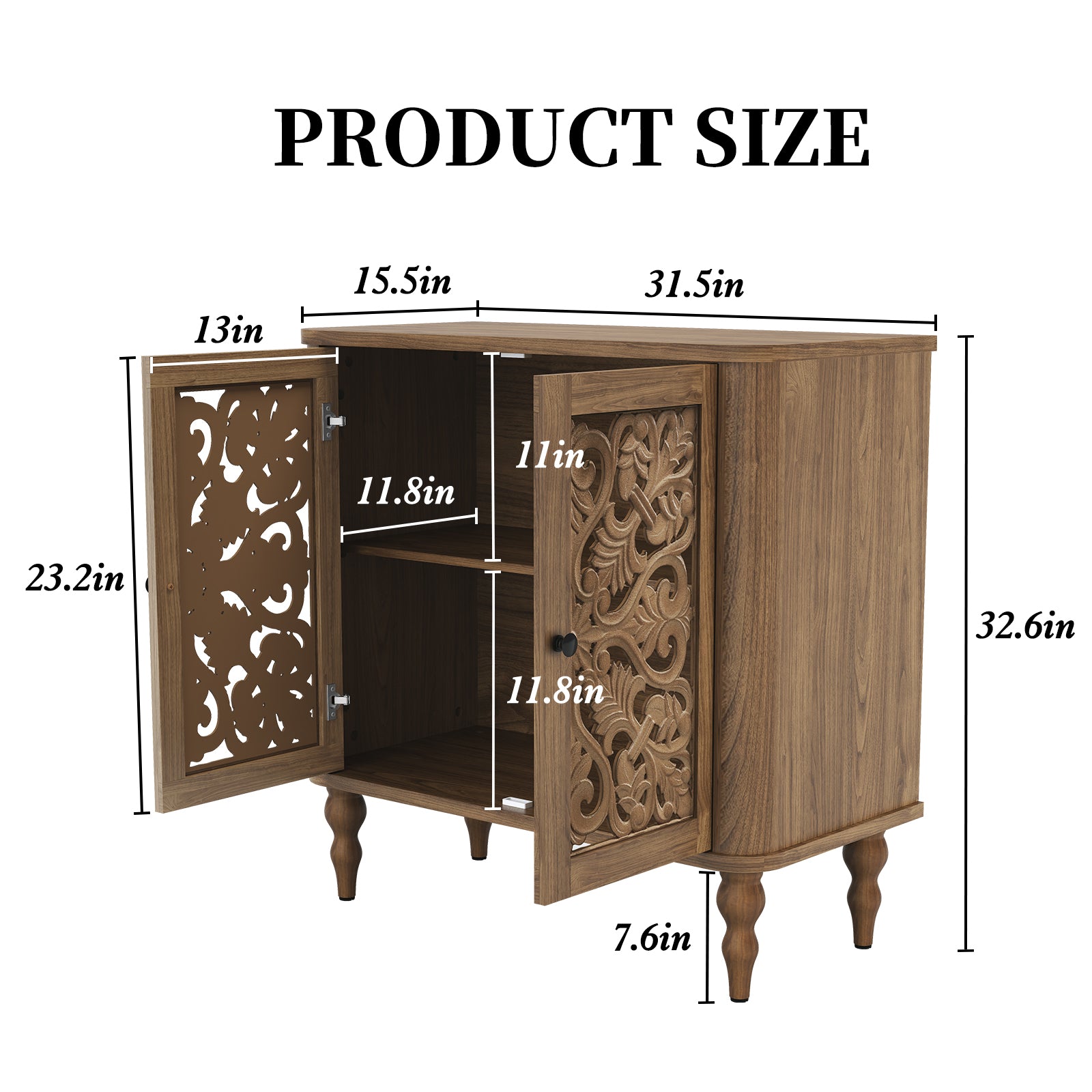 HLR 31.5"W Mid Century Rounded Corners Sideboards Buffets Cabinet with 2 Doors Storage for Kitchen Dining, Brown