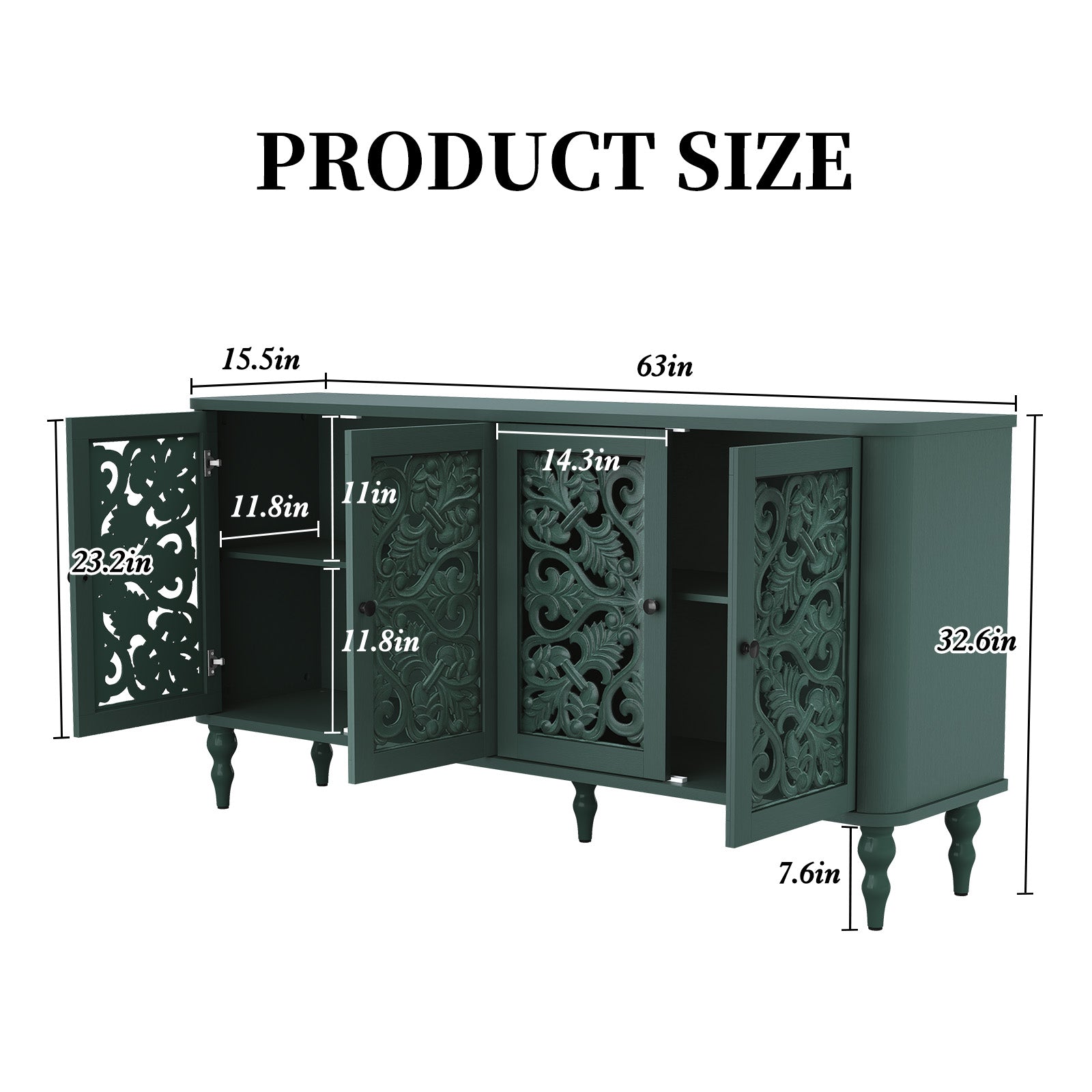 HLR 63" Mid Century Rounded Corners Sideboards Buffets Cabinet with 4 Doors Storage for Kitchen Dining, Green