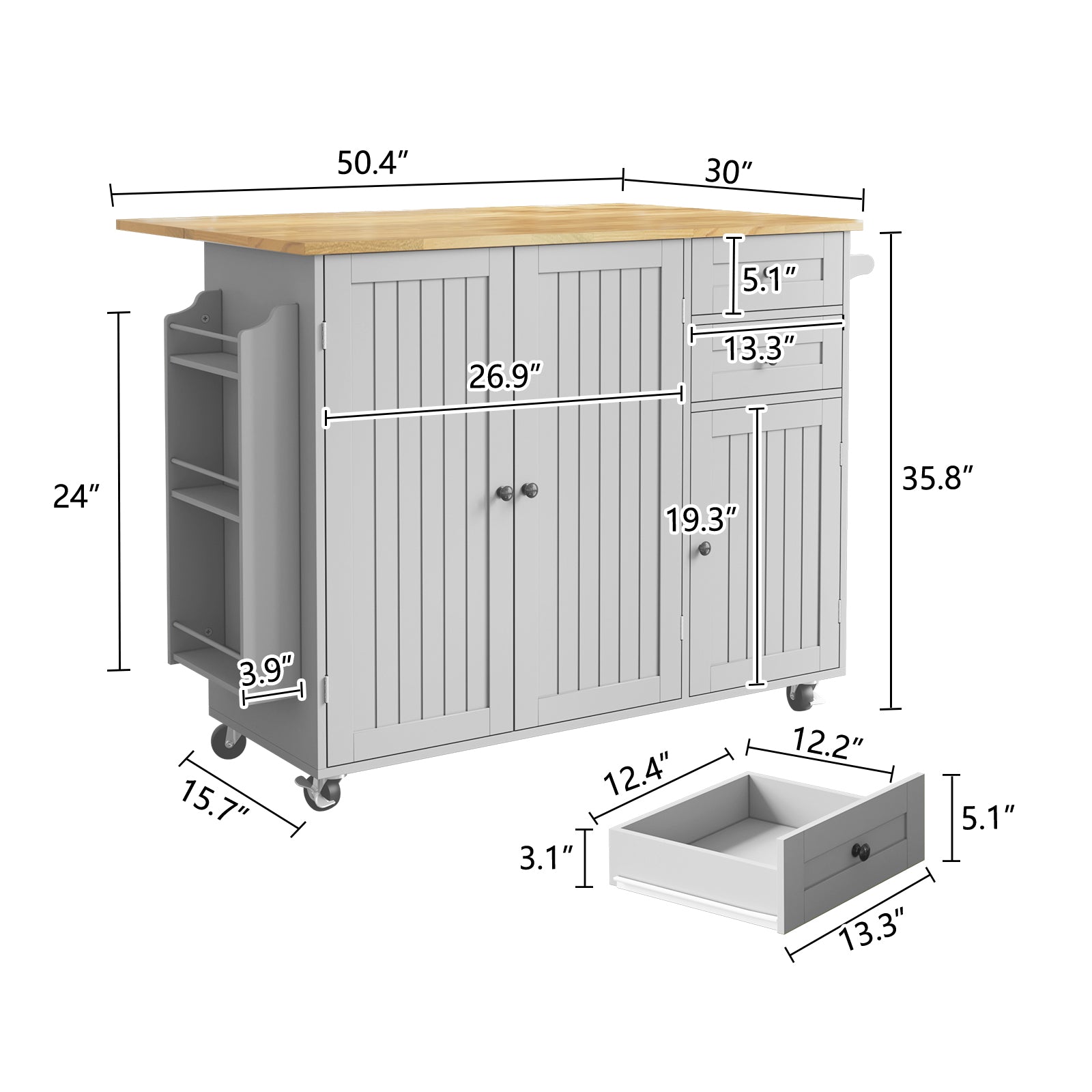 HLR 50.39" Kitchen Island with Storage, Wood Top Cart with Drop Leaf and Wheels, Gray