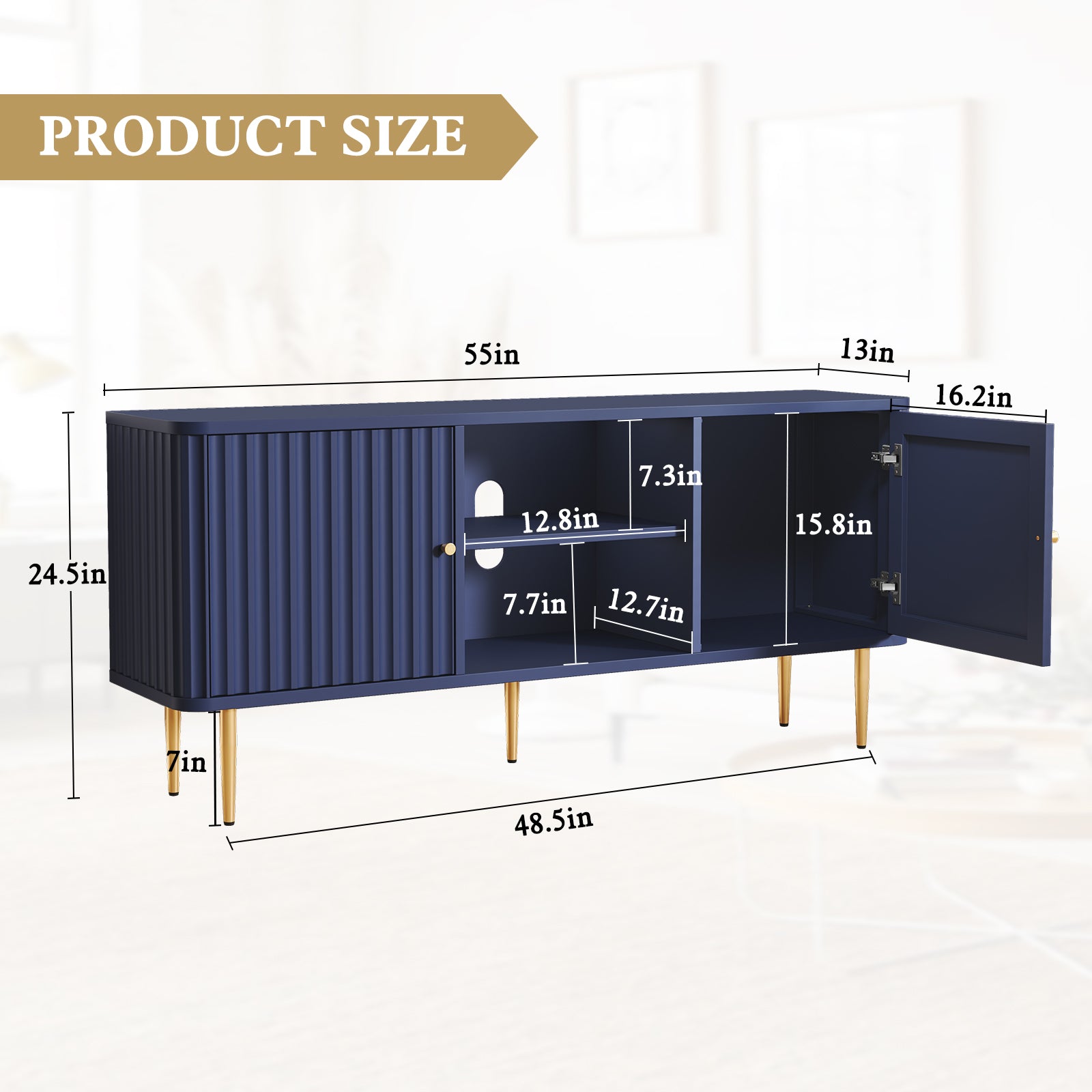 HLR Modern Fluted 55" TV Stand for 65 Inch TV, Entertainment Center with Storage, TV Console for Living Room, Blue