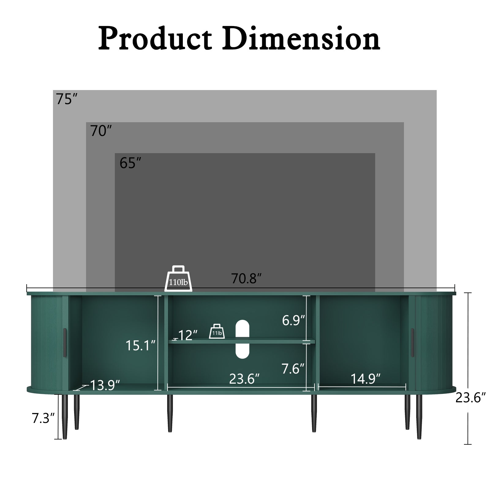 HLR 70" TV Stand for 75" TV, Wood Entertainment Center with Storage and Shelves, 2 Sliding Tambour Doors, Mid-Century Modern, Green
