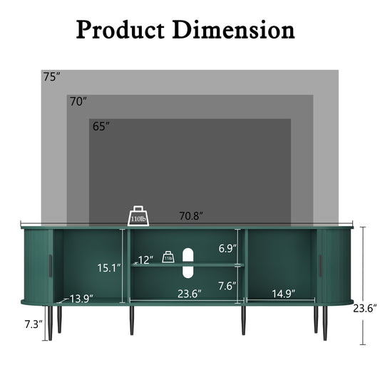 HLR 70" TV Stand for 75" TV, Wood Entertainment Center with Storage and Shelves, 2 Sliding Tambour Doors, Mid-Century Modern, Green