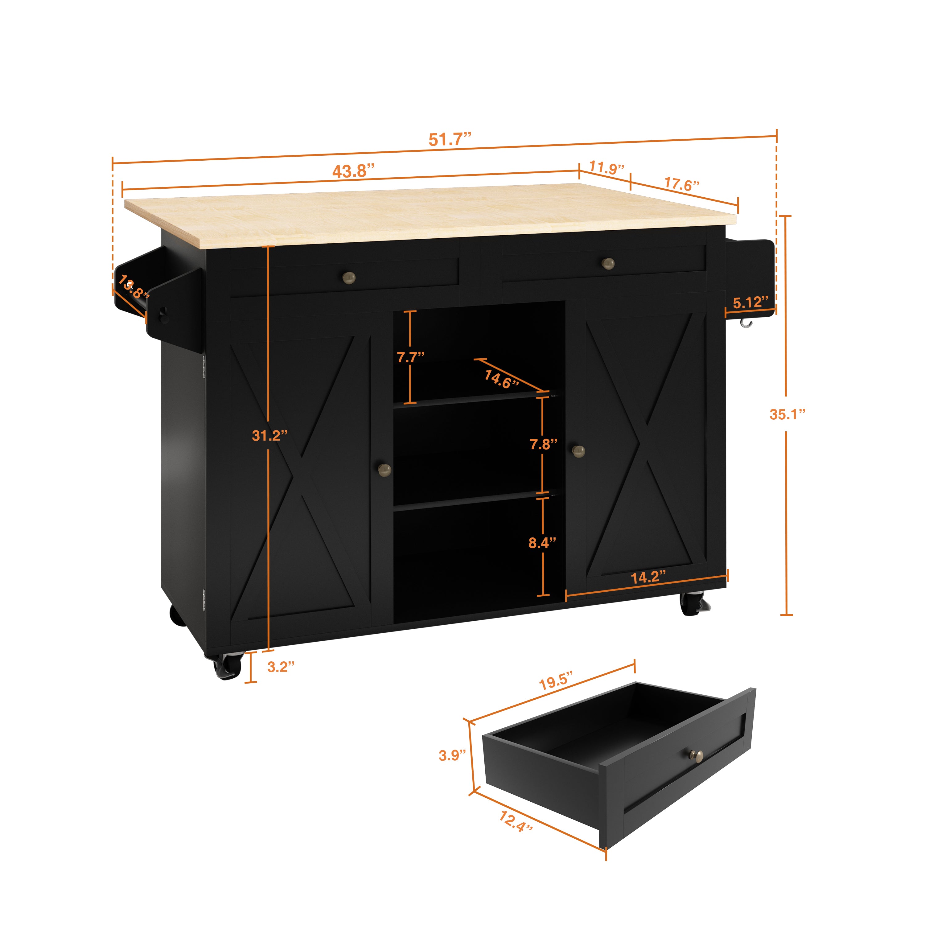CBJCBJ 51.7" Rolling Kitchen Island Foldable, Adjustable Shelf & 2 Storage Doors - Mobile Kitchen Cart, Breakfast Bar with Storage (Black)