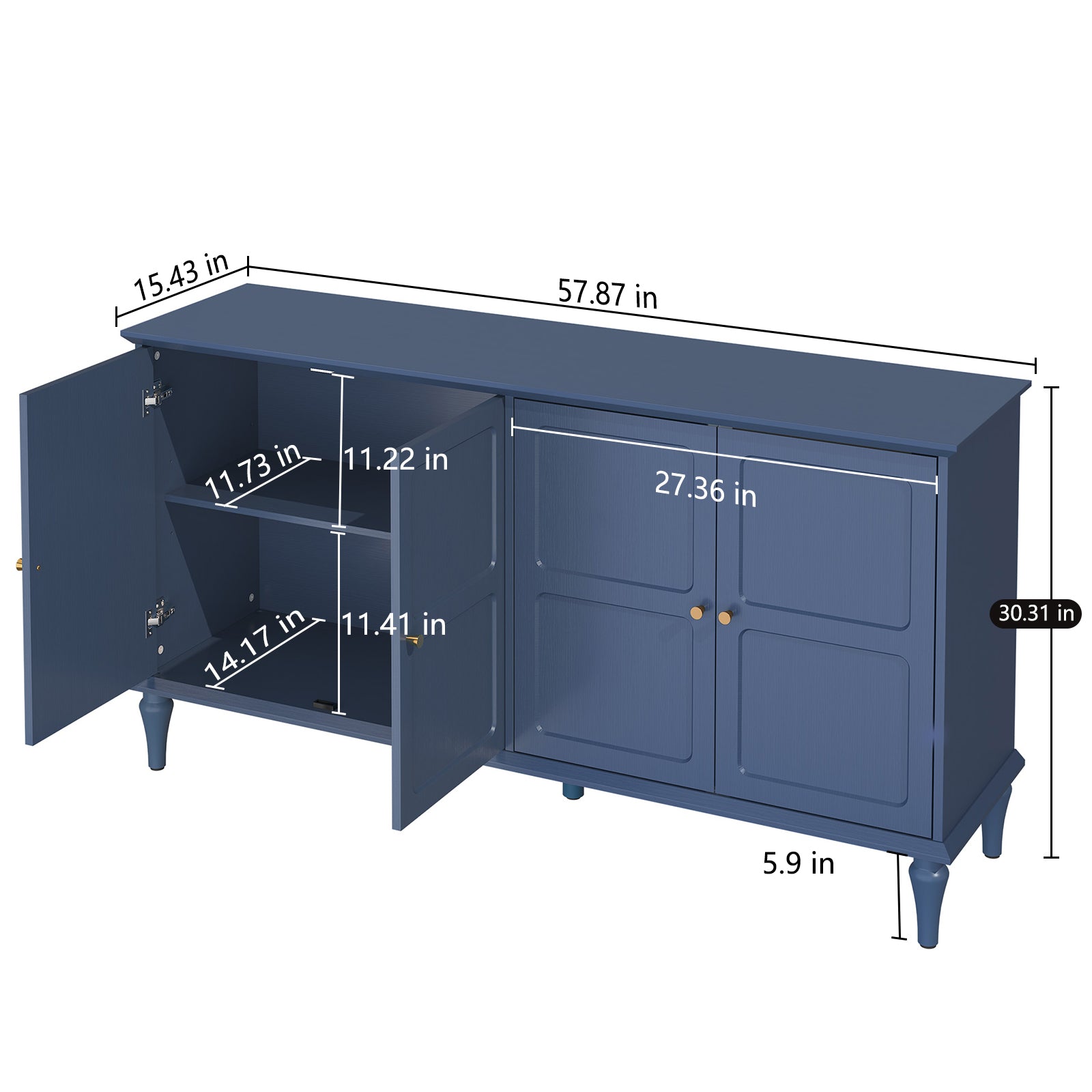 HLR Mid Century 58" Wood 4 Door Sideboard Buffet Cabinet with Storage for Living Dining (Navy Blue)