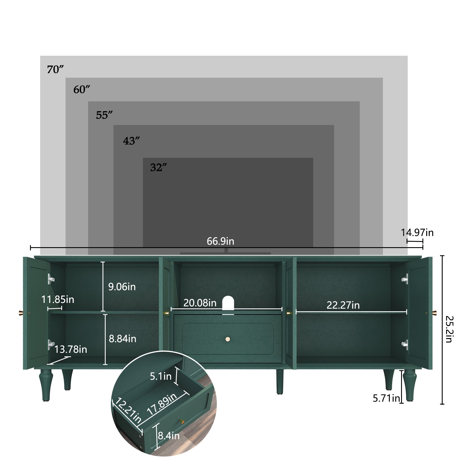 CBJCBJ 67"Mid-Century Modern TV Stand with Storage and Adjustable Partition , Media Console for TVs up to 75", Green