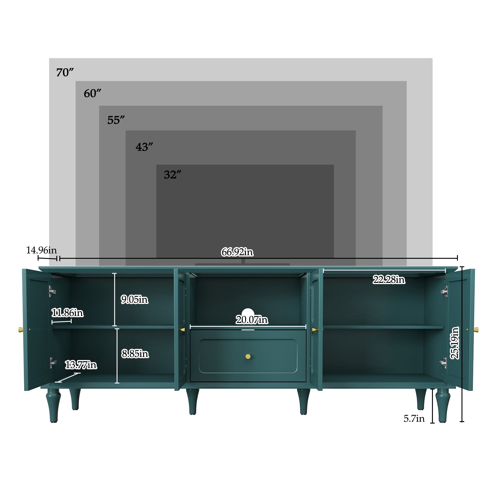 HLR Mid Century 67" TV Stand, for TVs up to 75", Living Room Entertainment Center with 4 Door Storage Cabinet, Green