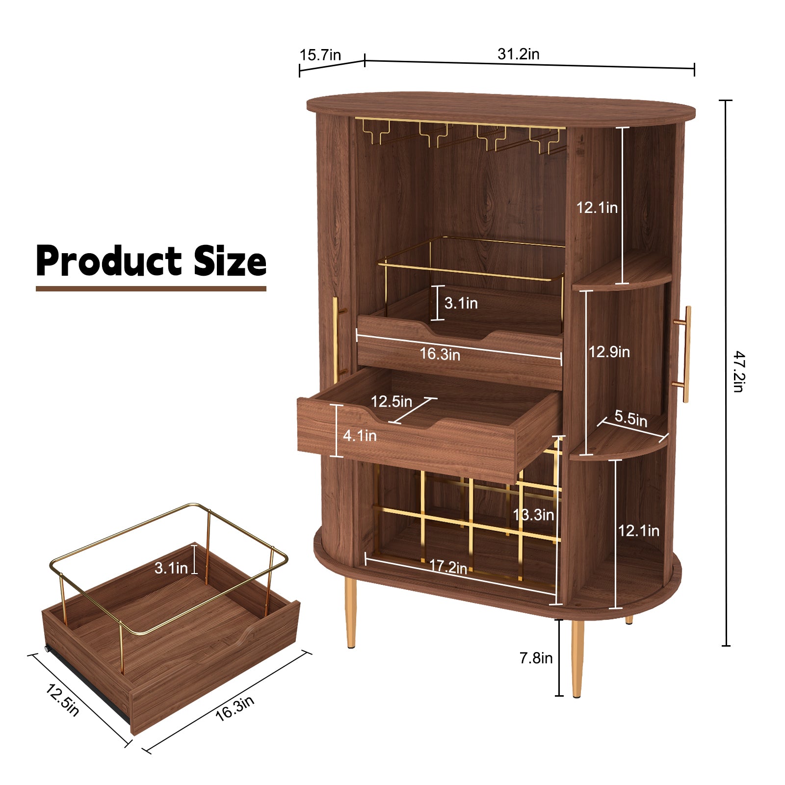 CBJCBJ Bar Cabinet with Tambour Door, Wood Liquor Cabinet with 16 Wine Racks and Adjustable Shelves, Brown