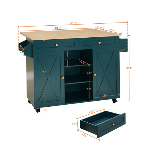 CBJCBJ 51.7" Rolling Kitchen Island Foldable, Adjustable Shelf & 2 Storage Doors - Mobile Kitchen Cart, Breakfast Bar with Storage (Green)