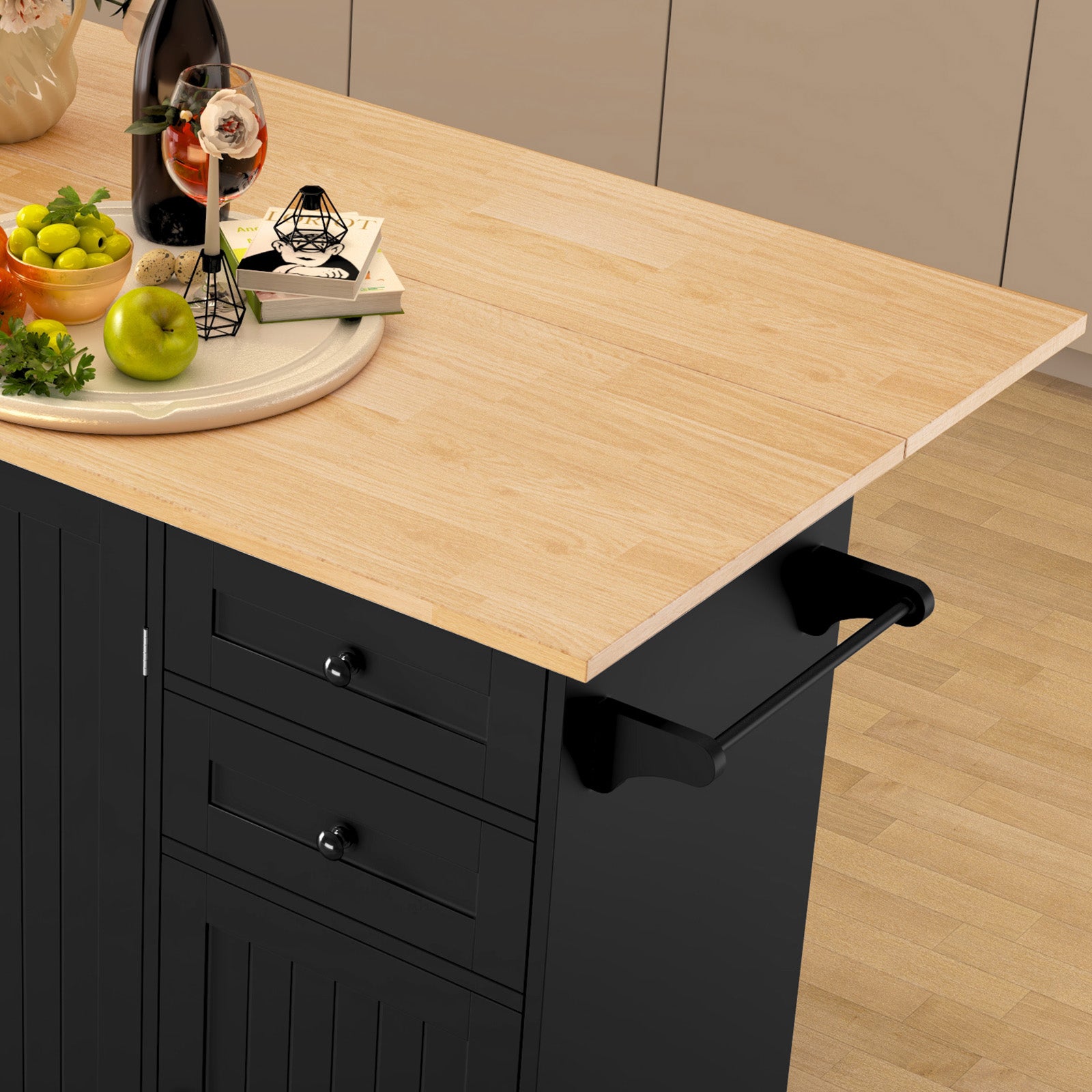 HLR 50.39" Kitchen Islands with Storage, Wood Top Cart with Drop Leaf and Wheels,Black