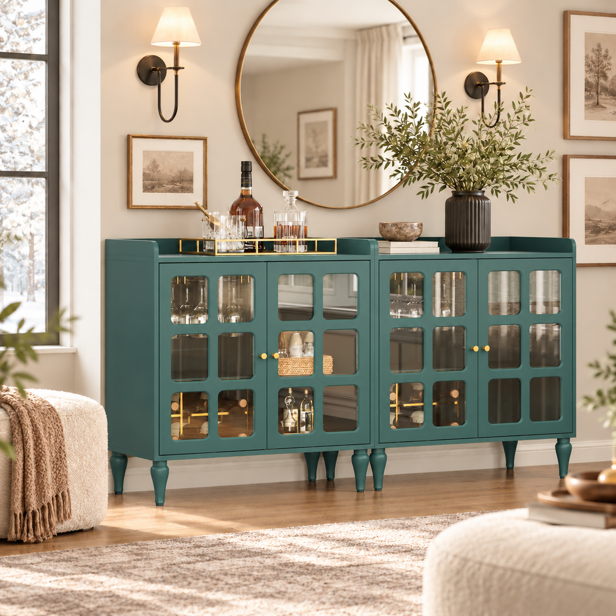 HLR Large Sideboard Buffet Cabinet with Storage, 32" Mid-Century Green Coffee Wine Bar with 2 Glass Doors, Outlets