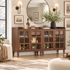 HLR Large Sideboard Buffet Cabinet with Storage, 32" Mid-Century Brown Coffee Wine Bar with 2 Glass Doors, Outlets