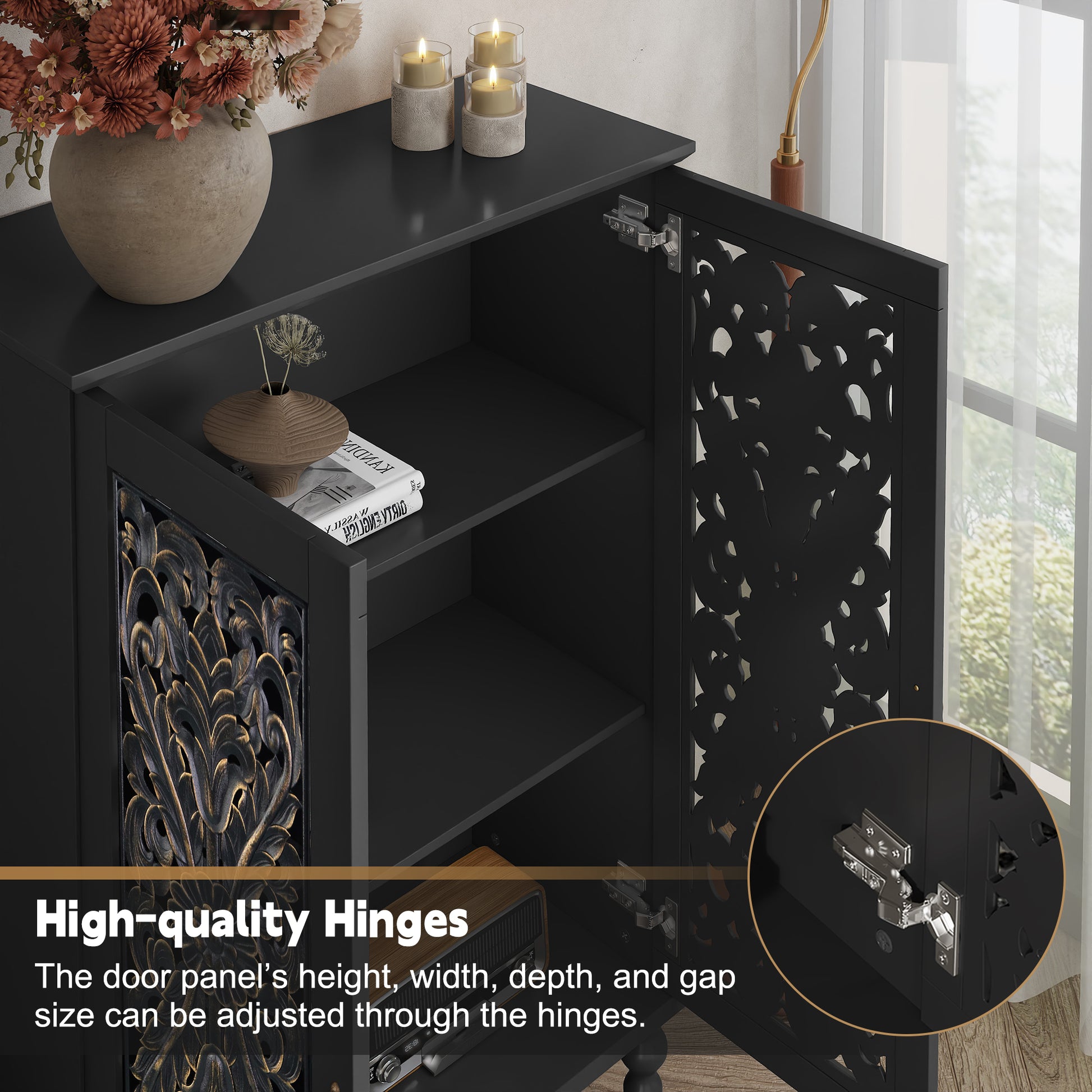 HLR Buffet Cabinet with Storage Accent Sideboard, Modern Hollow 2 Doors Credenza for Dining Room, Black