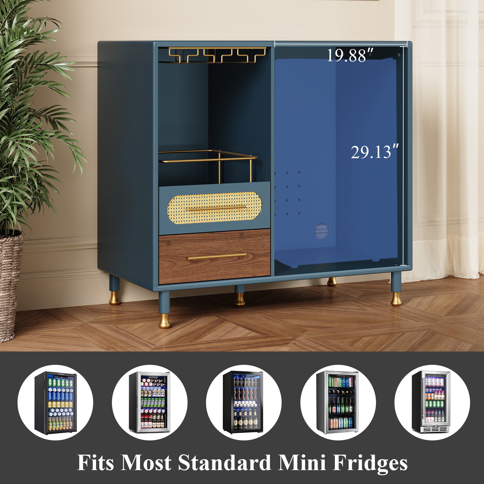 HLR Modern Coffee Bar Cabinet with Space for Mini Fridge and Rattan Drawer, Blue
