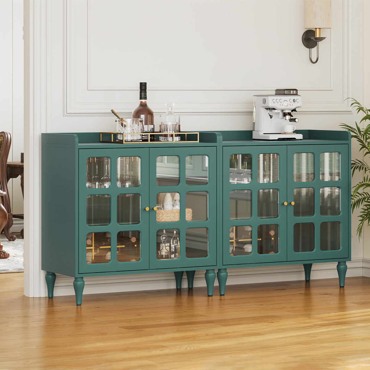 HLR Large Sideboard Buffet Cabinet with Storage, 32" Mid-Century Green Coffee Wine Bar with 2 Glass Doors, Outlets