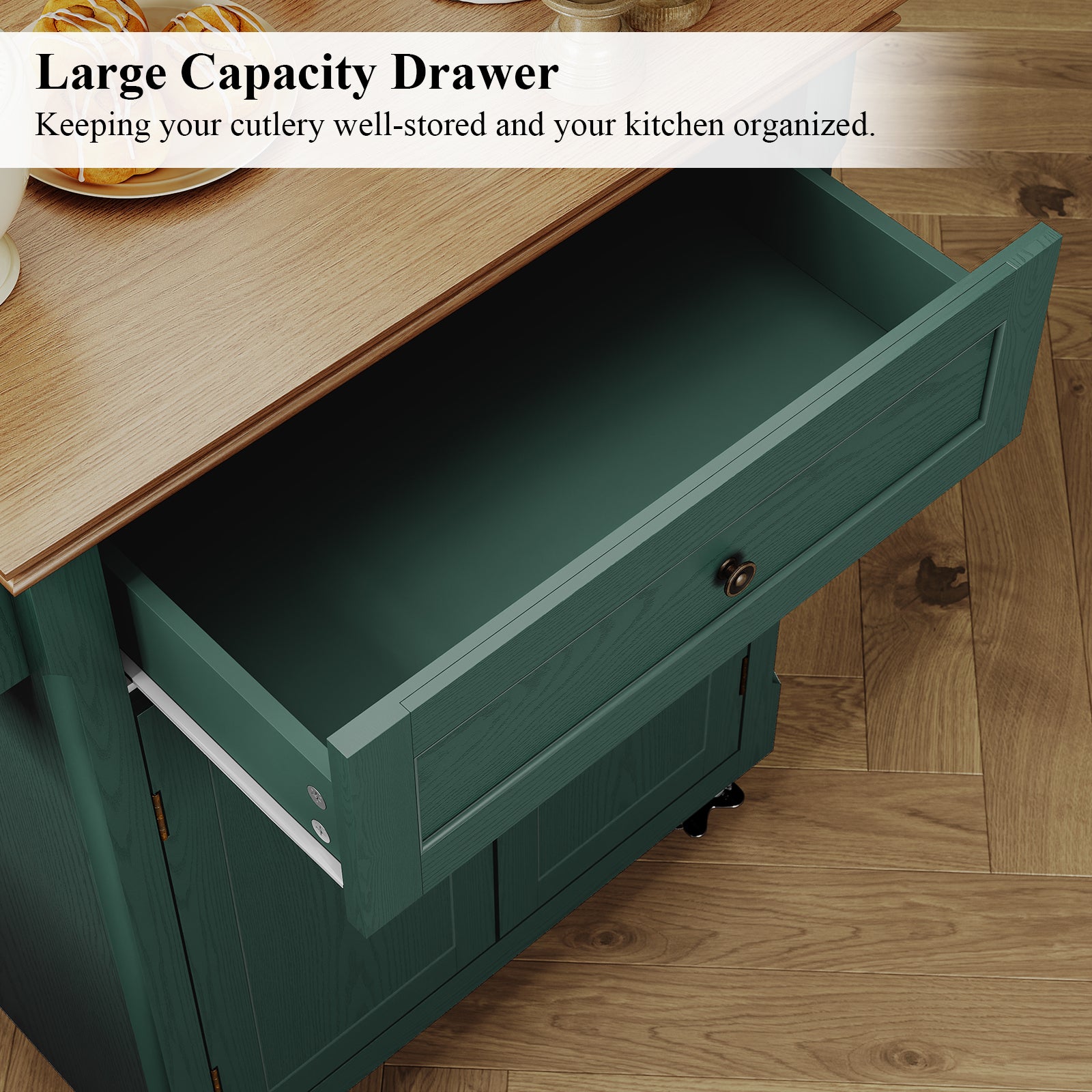 CBJCBJ Kitchen Islands Cart on Wheels with Storage, Wood Microwave Table with Drawers and Spice Box , for Dining Room,Green