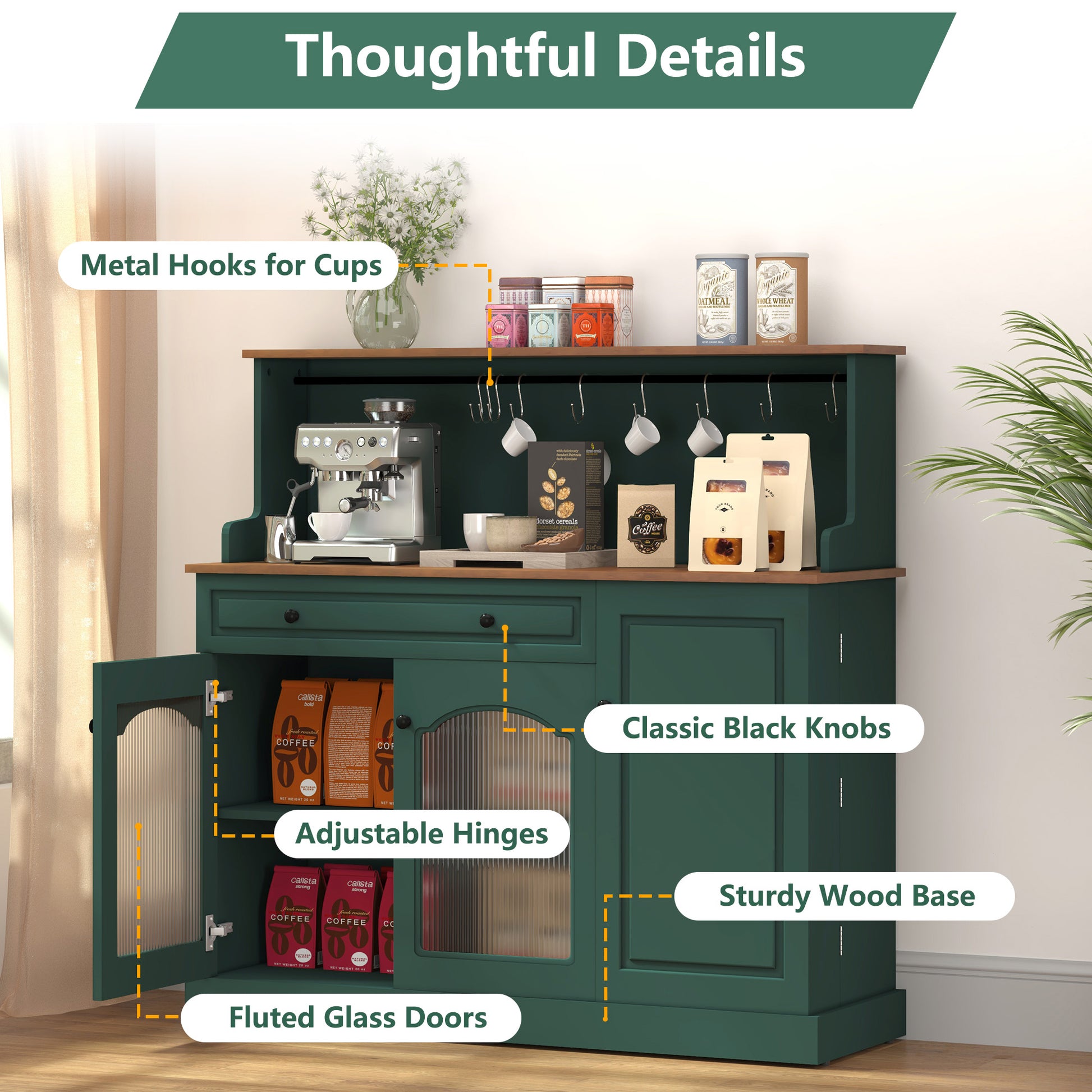 CBJCBJ 48" Modern Wood Kitchen Pantry Cabinet, Coffee Bar with Drawer & Microwave Stand, Dining Room