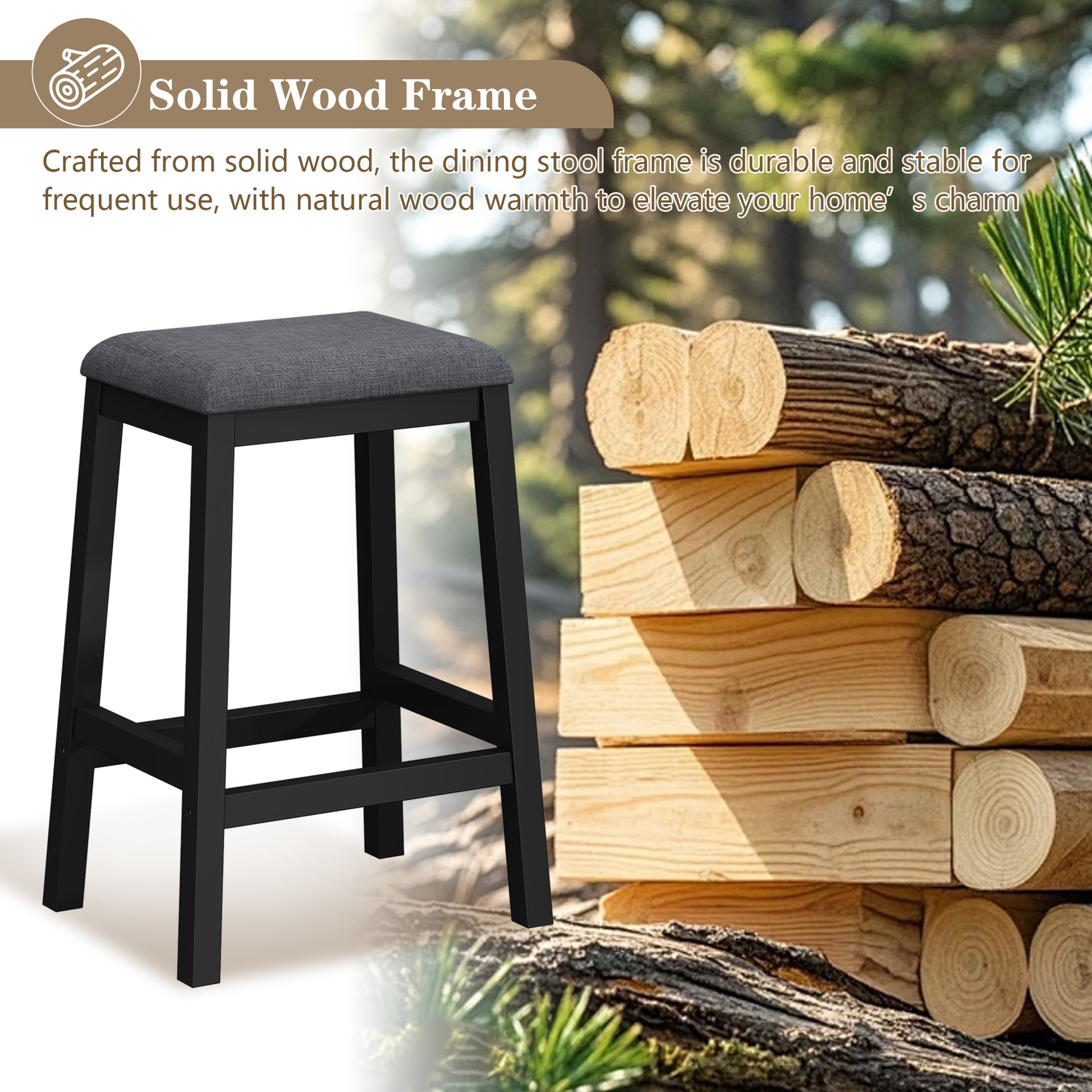 HLR 24.8" Bar Stools, Farmhouse Set of 2 Bar Chairs with Cushion for Kitchen, Dining Room, Cafe Black