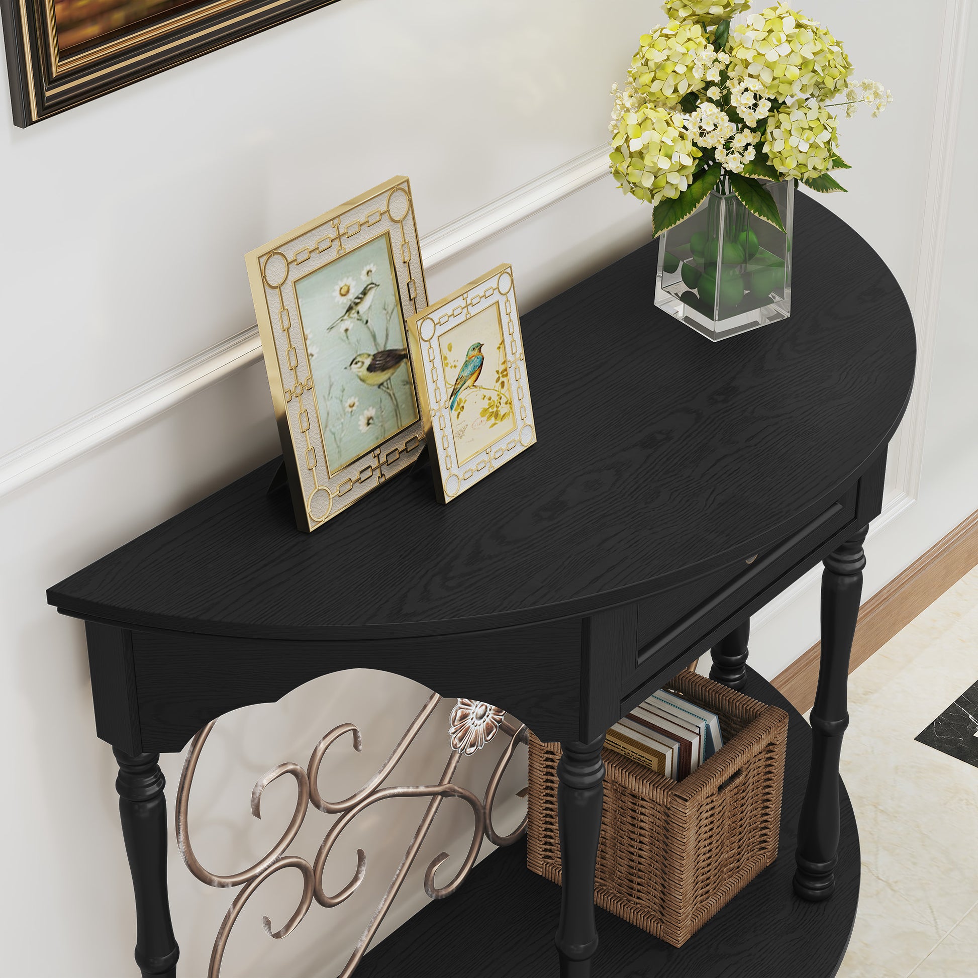 HLR 40" Mid Century Console Table with Drawer, Assembled Entryway Table with Storage for Hallway, Black
