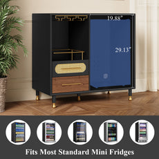 HLR Modern Coffee Bar Cabinet with Space for Mini Fridge and Rattan Drawer, Black