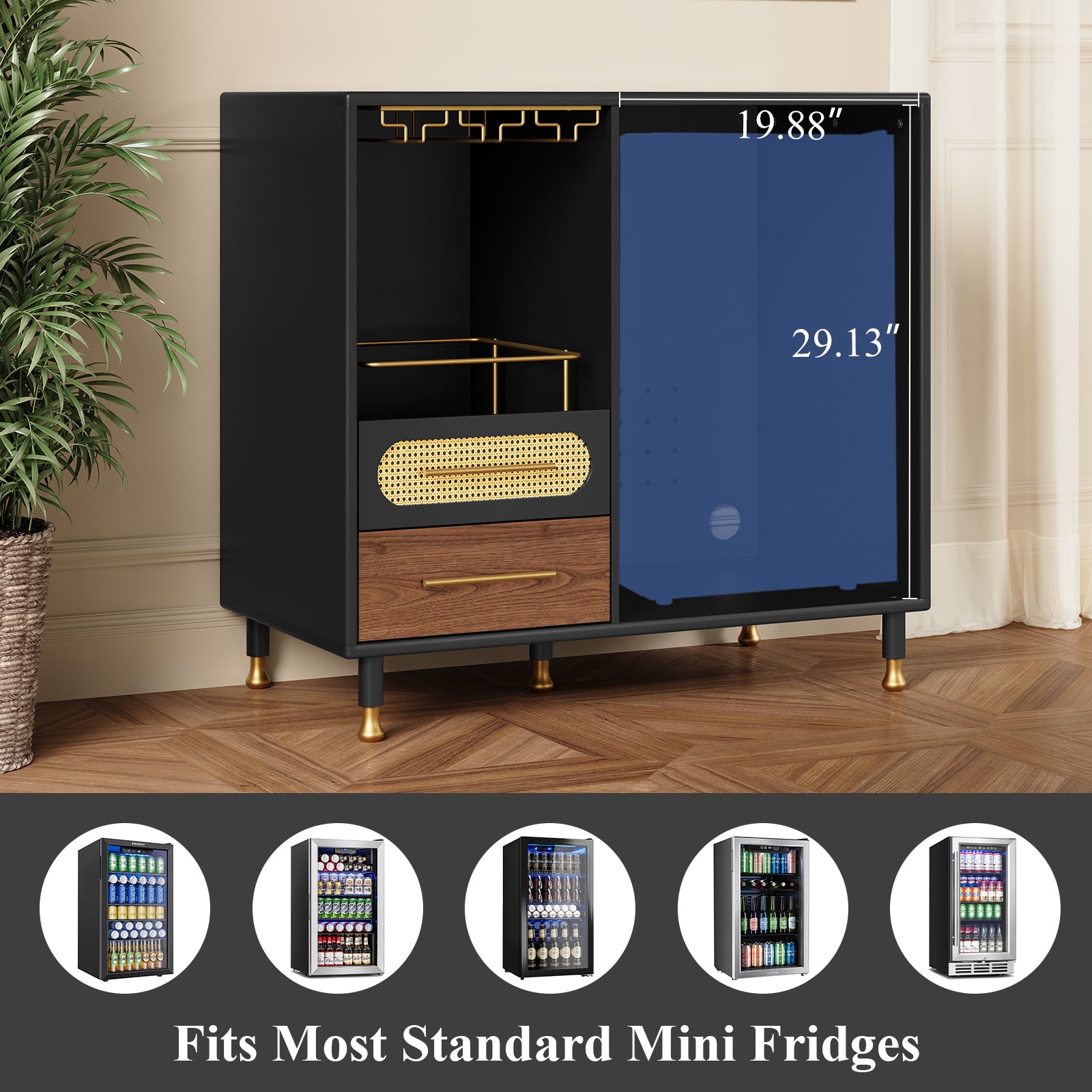 HLR Modern Coffee Bar Cabinet with Space for Mini Fridge and Rattan Drawer, Black