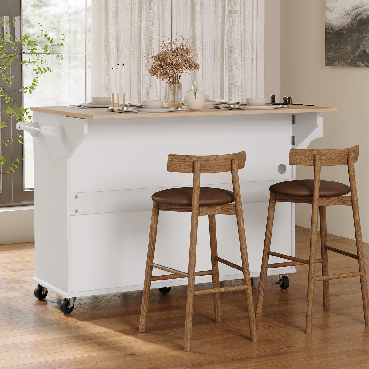 HLR Mid-Century 60" Kitchen Island with Trash Can Storage, Rolling Island Table, White