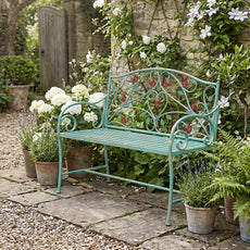 HLR Farmhouse Outdoor Bench with Rose Pattern, 41.7'' Metal Frame Patio Garden Chair Cast Iron, Light Blue