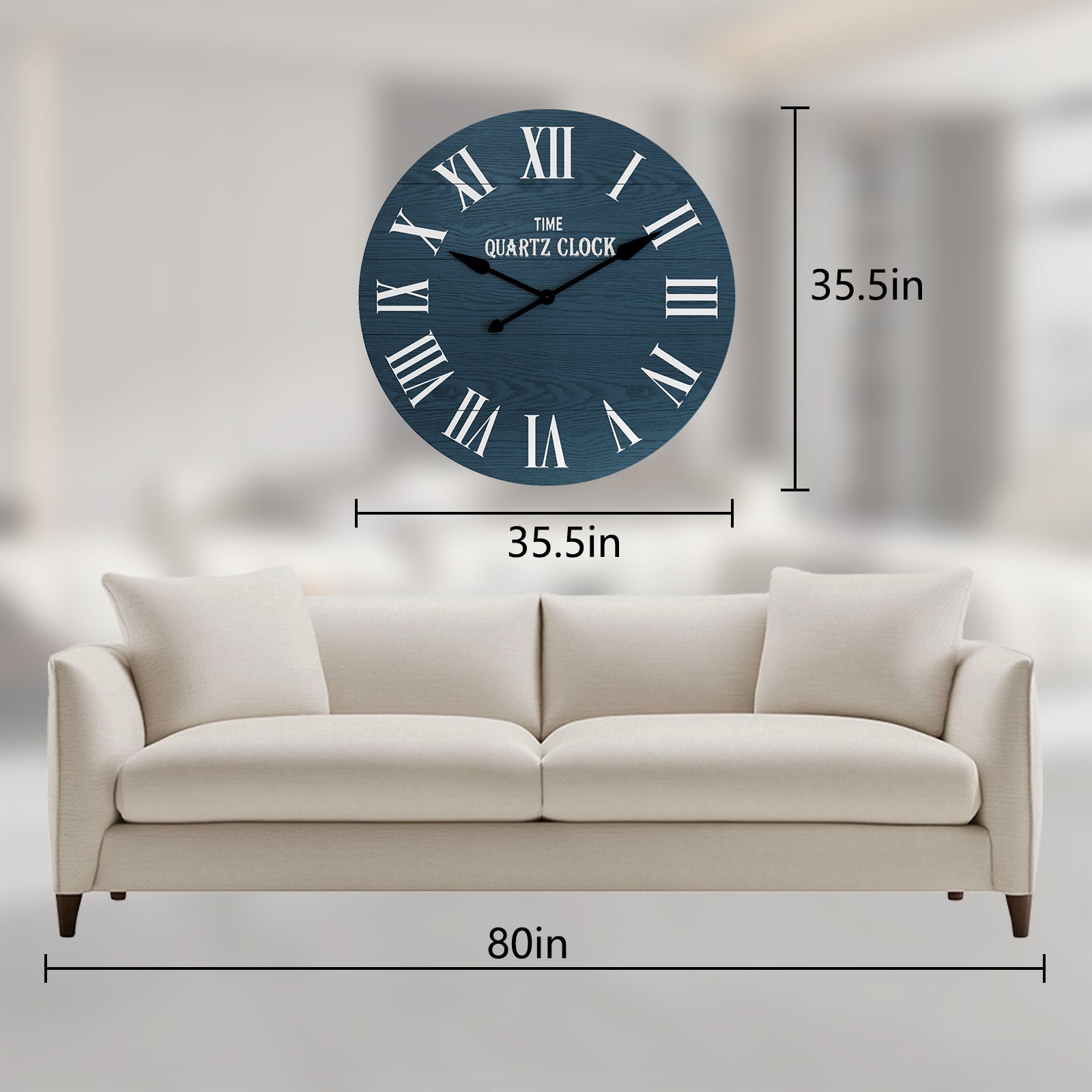 CBJCBJ 35.5” Farmhouse Large Shiplap Round Wall Clock with Roman Numeral for Living Room Decor, Blue