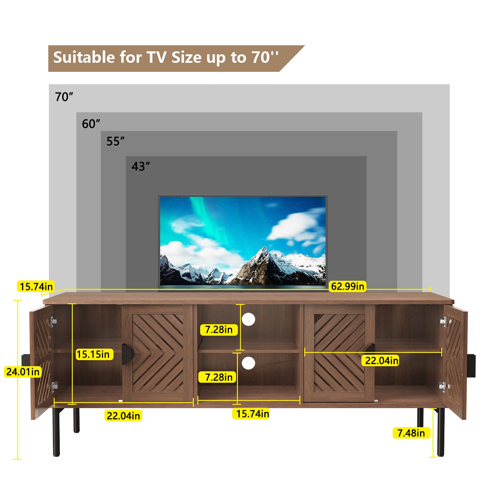 HLR Mid Century Modern 63" TV Stand for 75 inch TV with Storage, Entertainment Center for Living Room, Brown