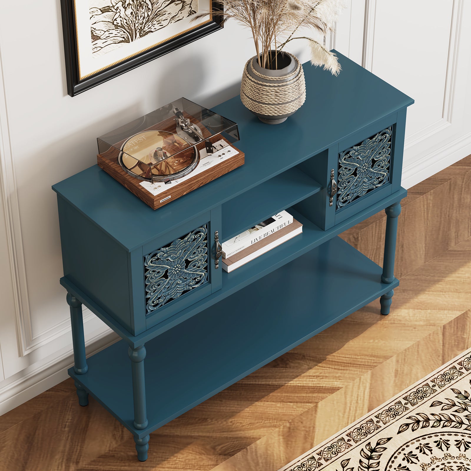 HLR Modern 42" Console Table with Storage, Entryway Table Wood Behind Couch with Shelves for Living Room, Blue