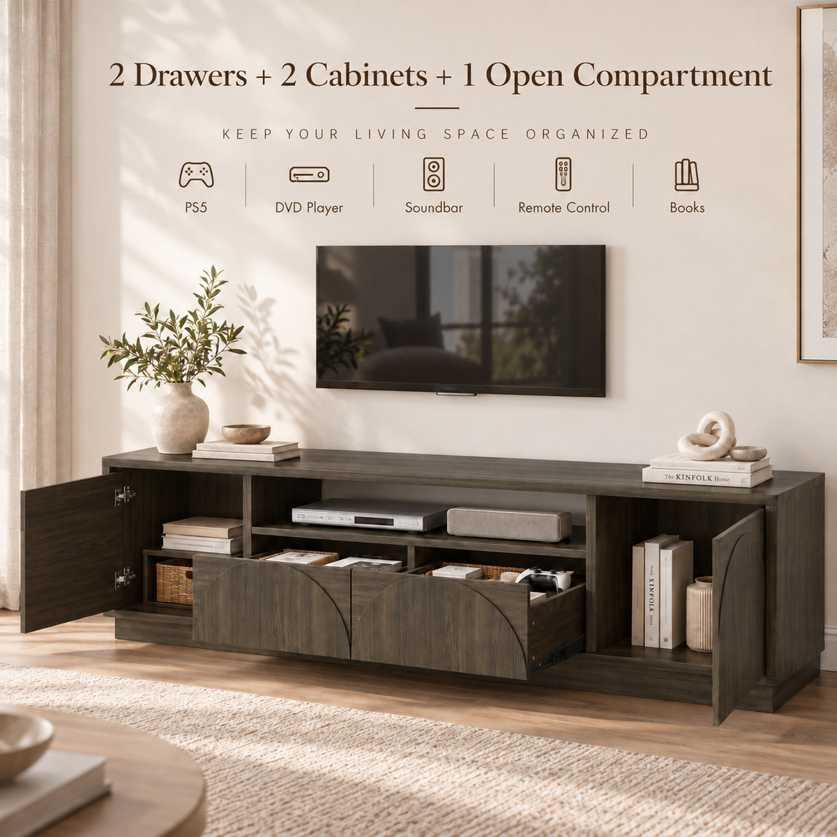 HLR Farmhouse 70" TV Stand for TVs up to 80", Entertainment Center with Storage Doors and Drawers, Gray