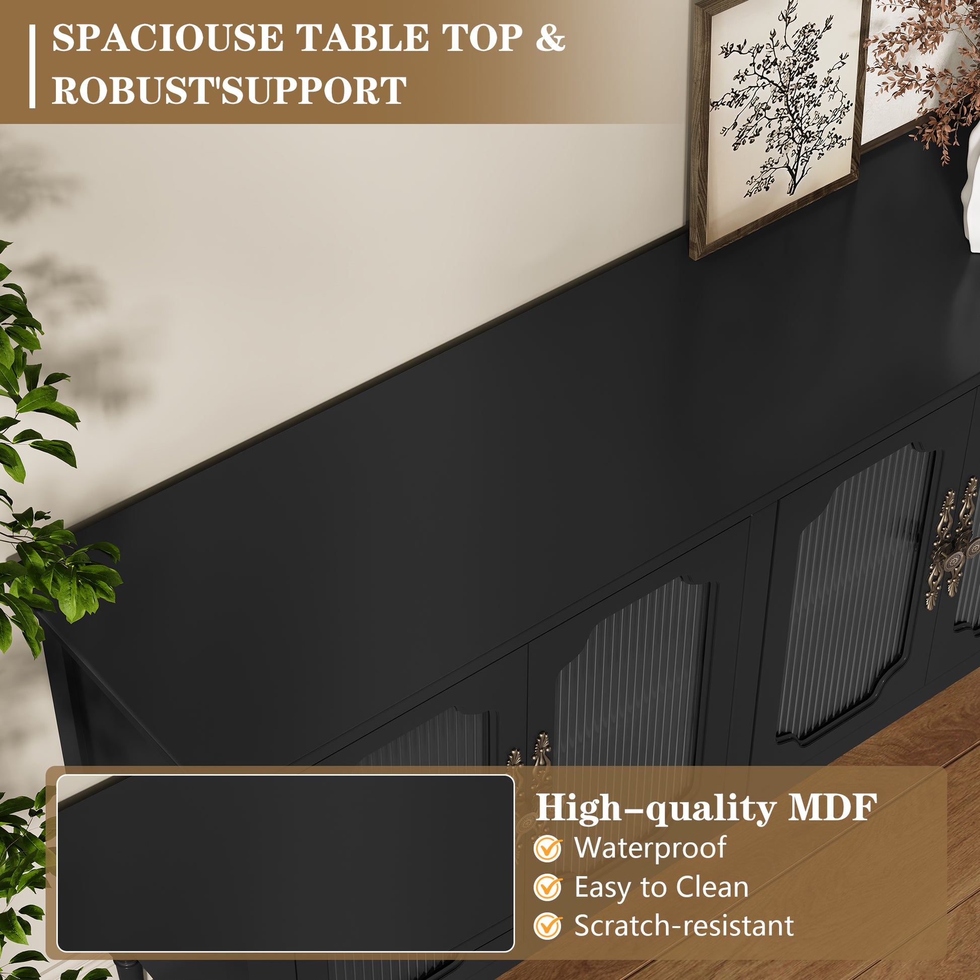 CBJCBJ Retro 58'' Wood Sideboard Buffet Cabinet,Storage Cabinet with Glass Doors for Living Dining & Bedroom,Black
