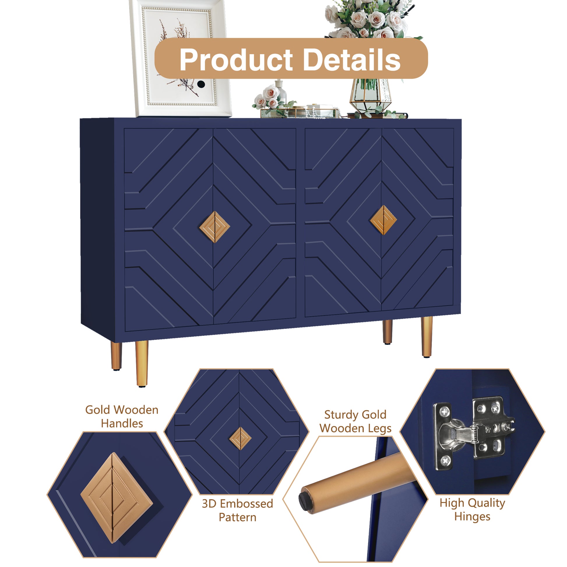 CBJCBJ 48" Modern Accent Sideboard Buffet Cabinet with 4 Doors & Shelves, Credenza for Living Room Storage,Blue
