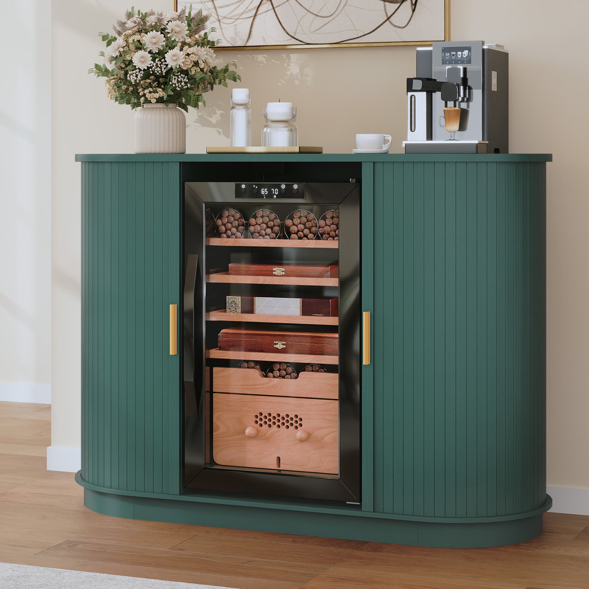 HLR Mid Century Coffee Bar Cabinet, Wine Cabinet Mini Fridge Space, Green