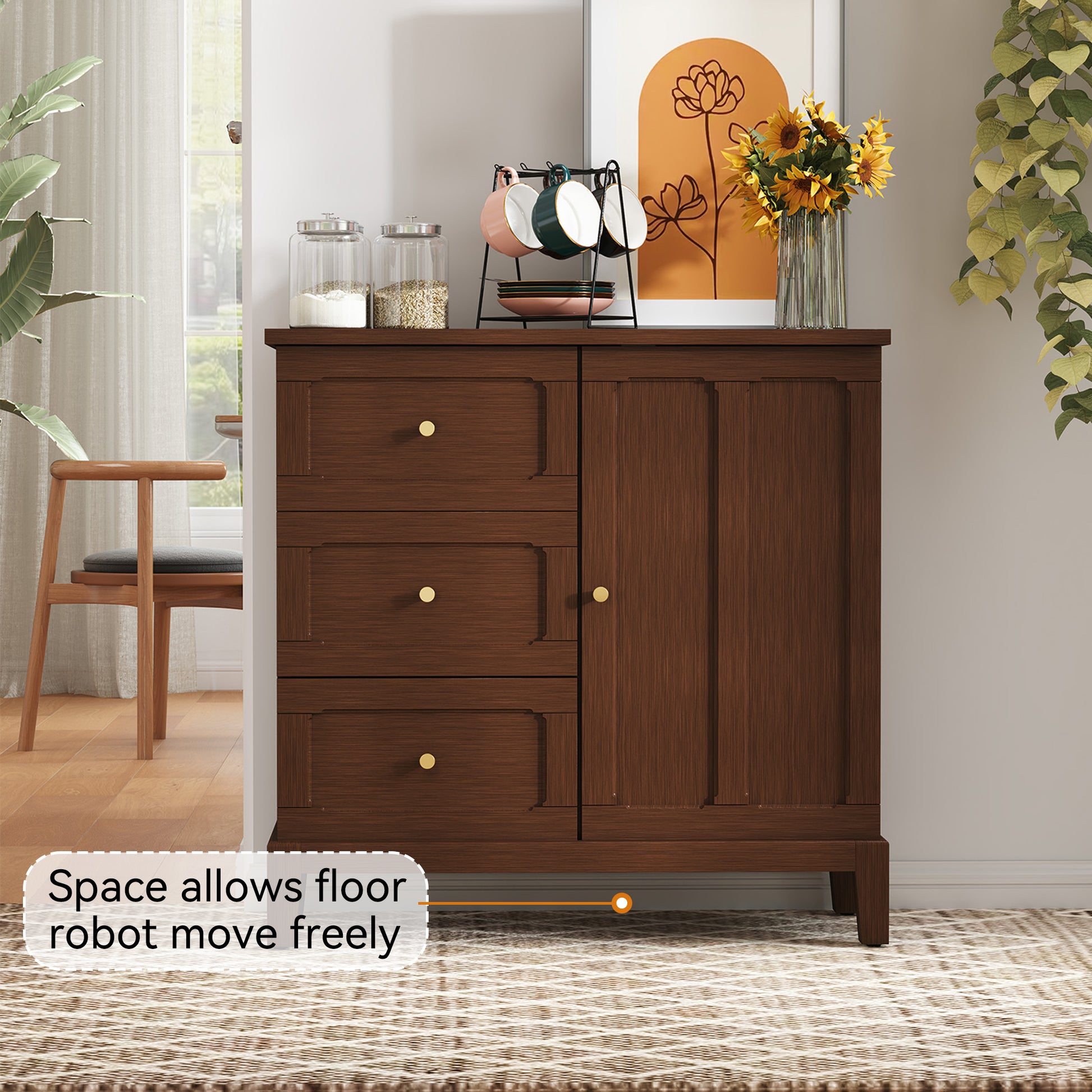 HLR Modern 32"W Accent Cabinet 3 Drawers & Door, Wood Sideboard with Storage for Living Room, Brown