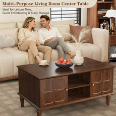 CBJCBJ Mid-Century Coffee Table,Living Room Center Table with 4-Door Storage and Open Storage, Brown